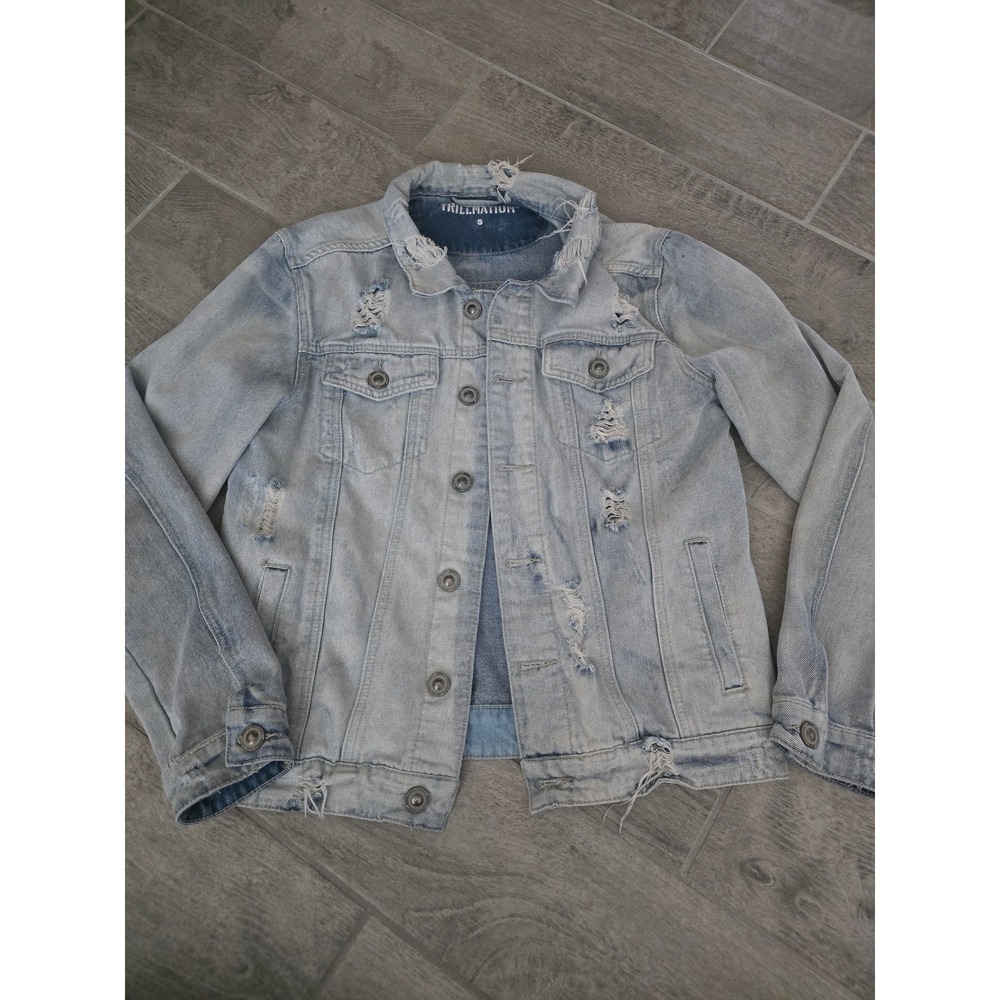 Trillnation Womens Distressed Denim Jacket Light Wash Small Y2K Grunge‎